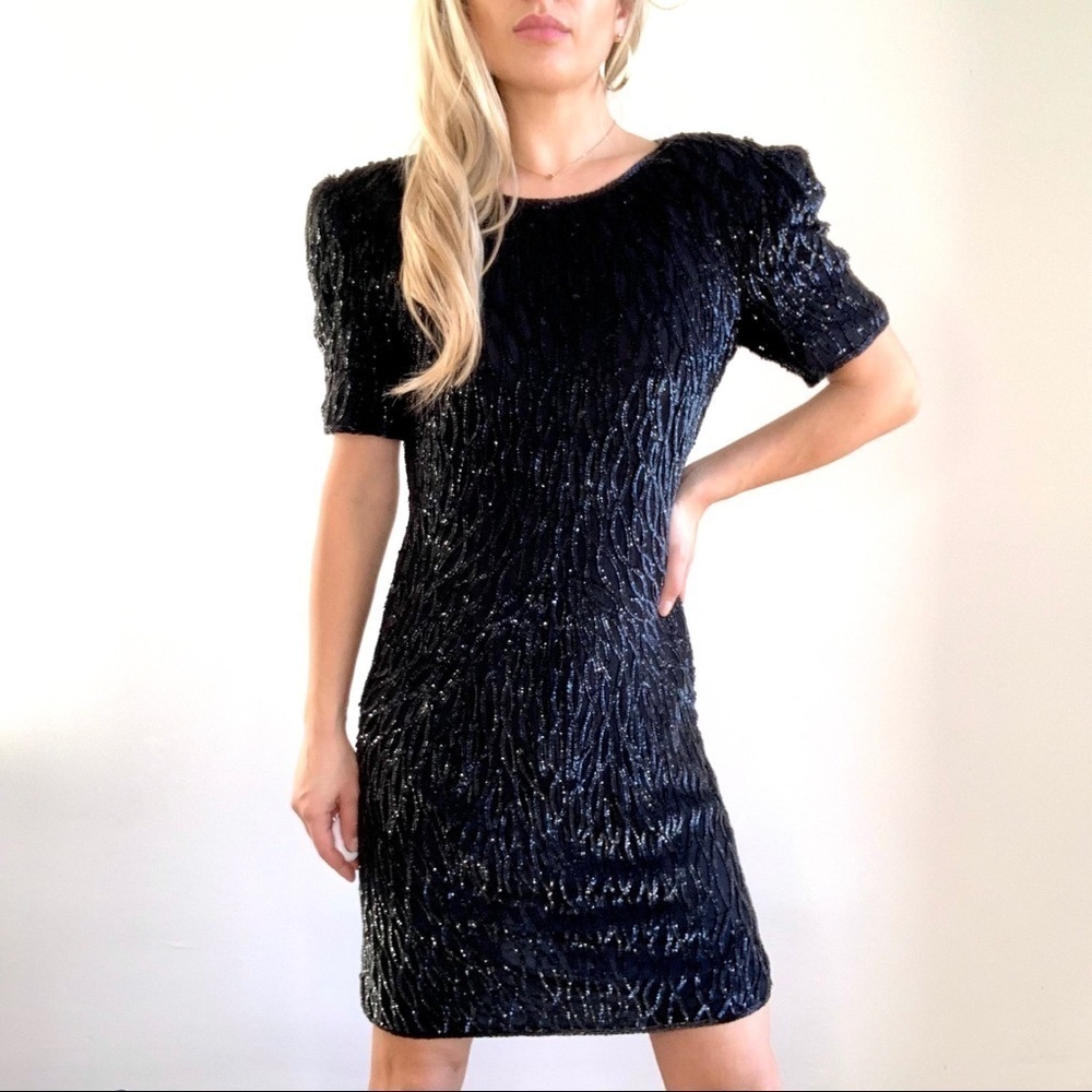 Vintage Black Fully Beaded Dress w/Big Shoulders M